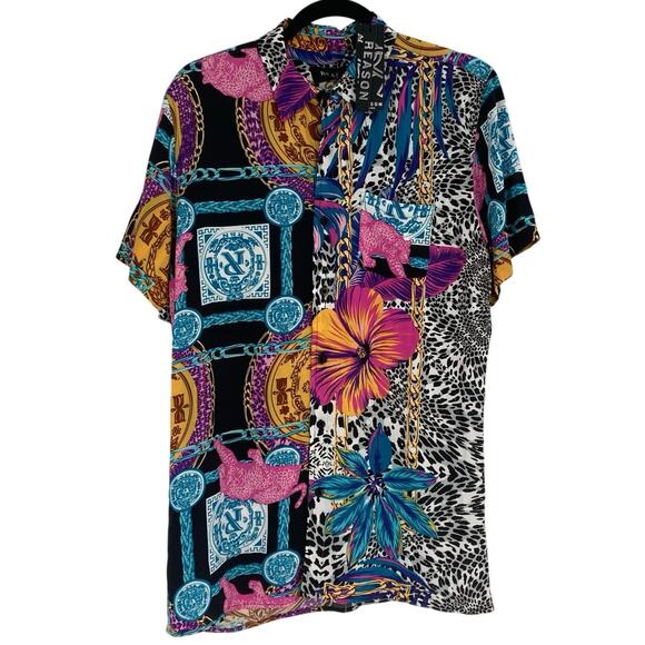 Reason Design Multi All Over Print Button Short Sleeve Shirt Men’s Medium NEW - Picture 1 of 14